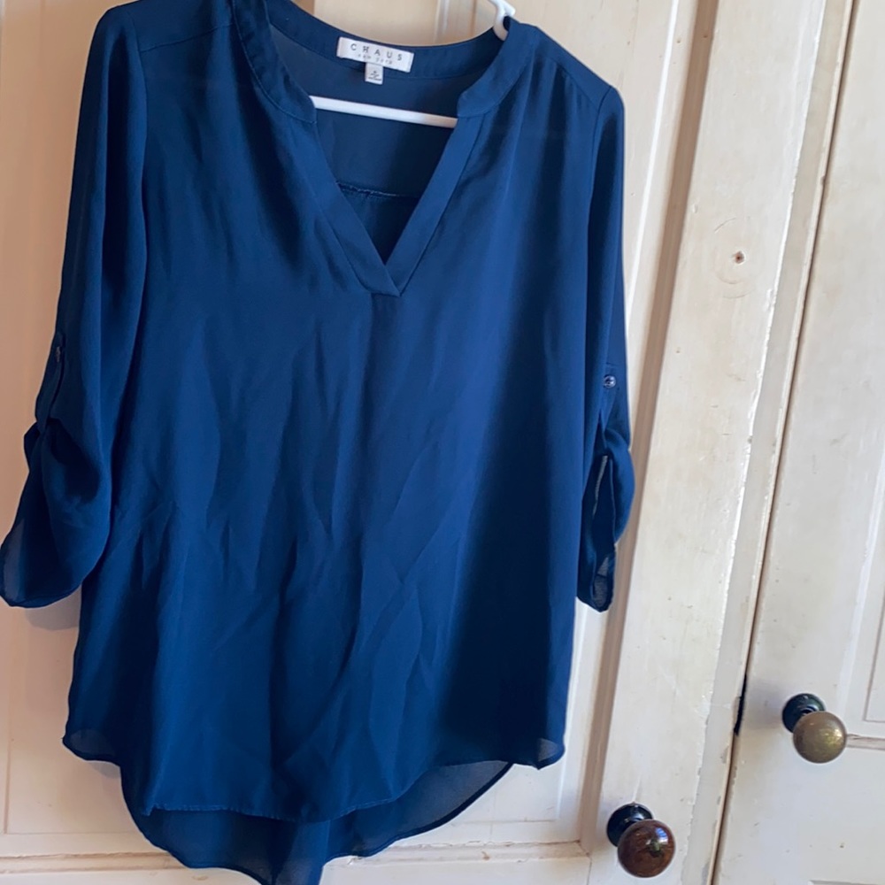 Chaus, oversized small sheer dress shirt.